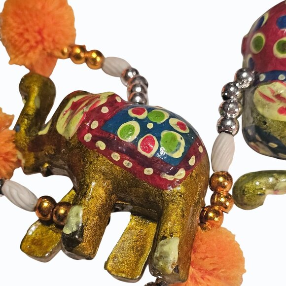 Elephant Wall Door Hanging 7 Trunk Up Paper Mache Elephants Beads PomPoms Bell - Picture 13 of 16